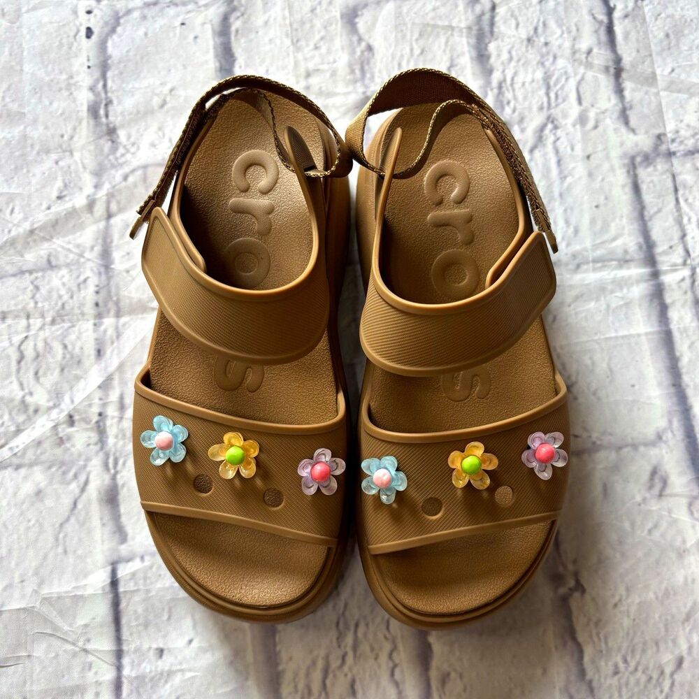 Crocs Women’s Beige Strappy Leather Sandals Hook & Loop Flower Accents 6